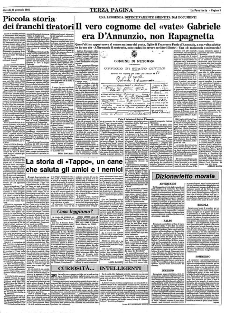 Un documento attesta che il vero cognome del celebre poeta è D'Annunzio, non Rapagnetta