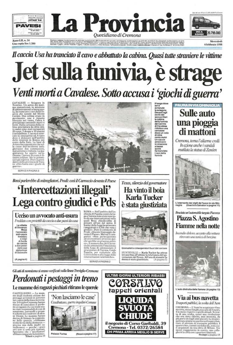 Jet sulla funivia, è strage sul Cermis