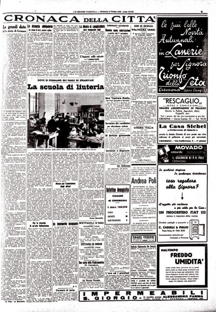 "Due anni fa" (ottobre 1938) il Regime creò la Scuola di Liuteria di Cremona