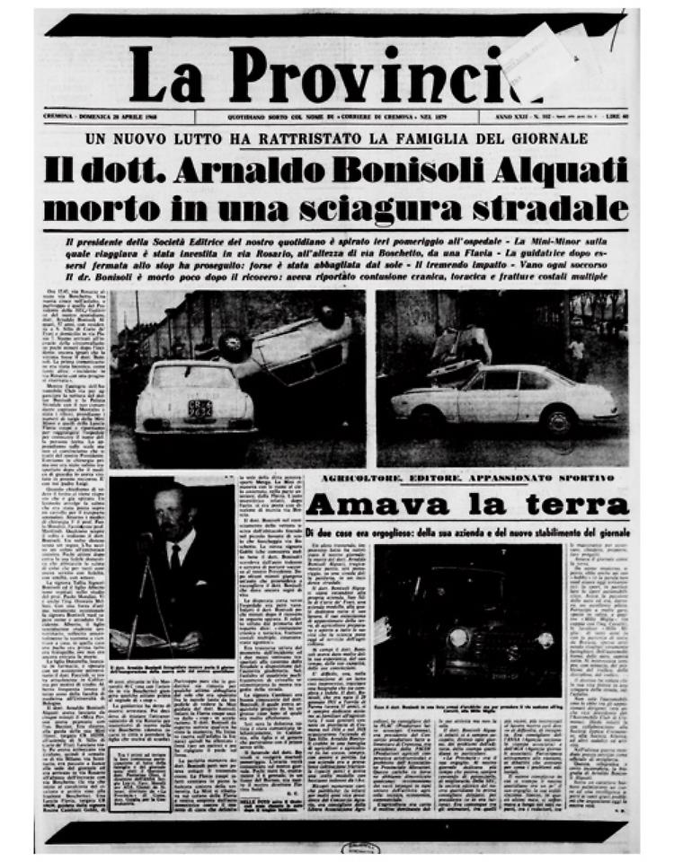 Fatale incidente stradale per l'editore cremonese Bonisoli Alquati