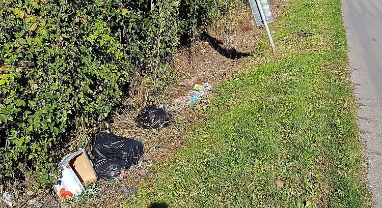 Sacchi di rifiuti abbandonati nel fosso vicino al cimitero