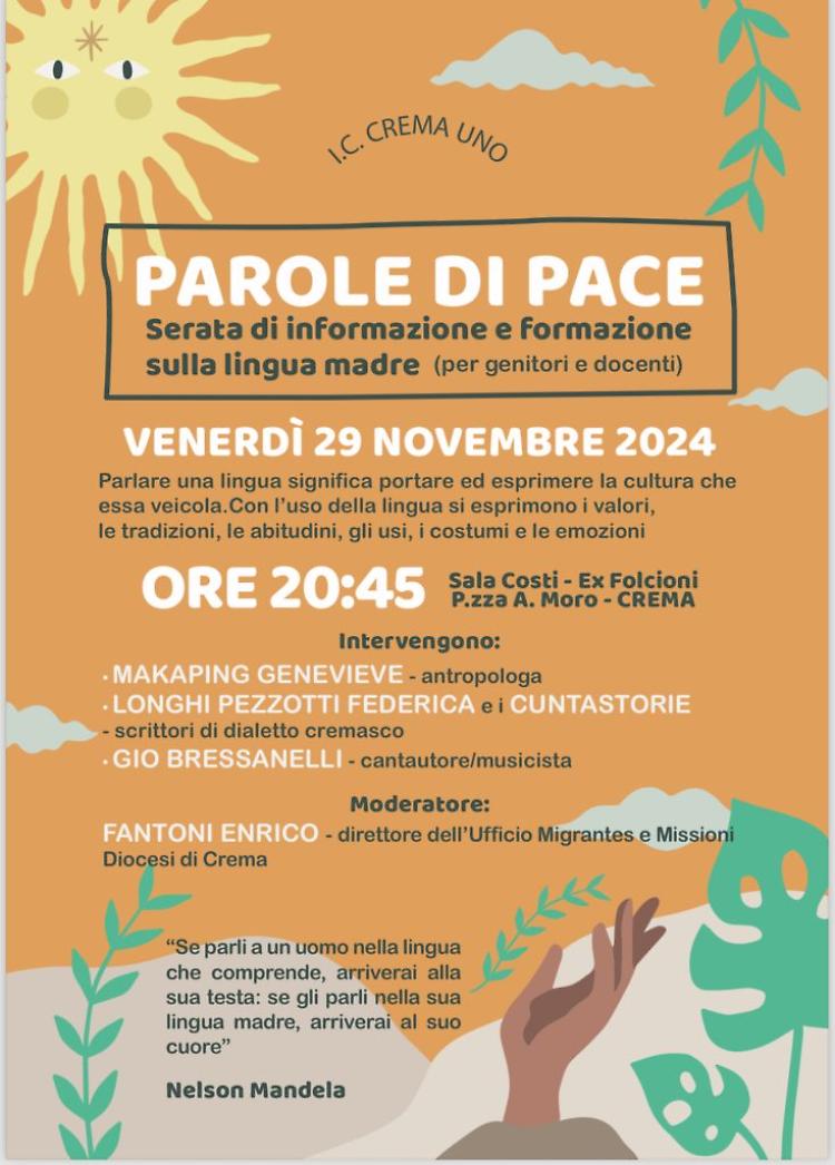 "Parole di pace" serata di informazione e formazione sulla lingua madre